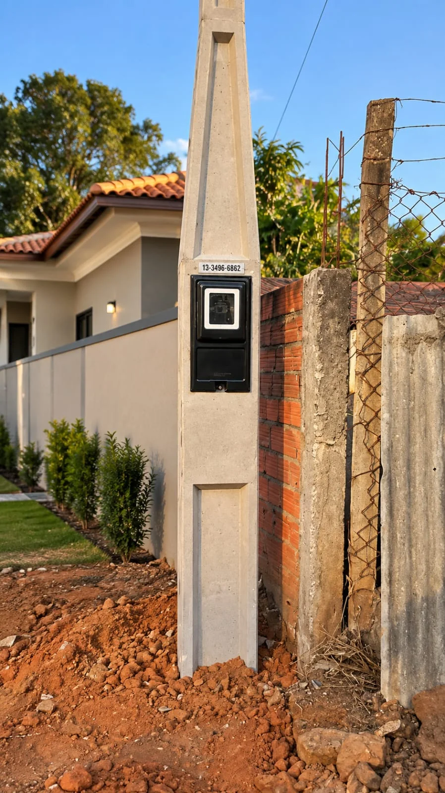 Poste bifásico com uma caixa preta de medição junto a muro de tijolos
