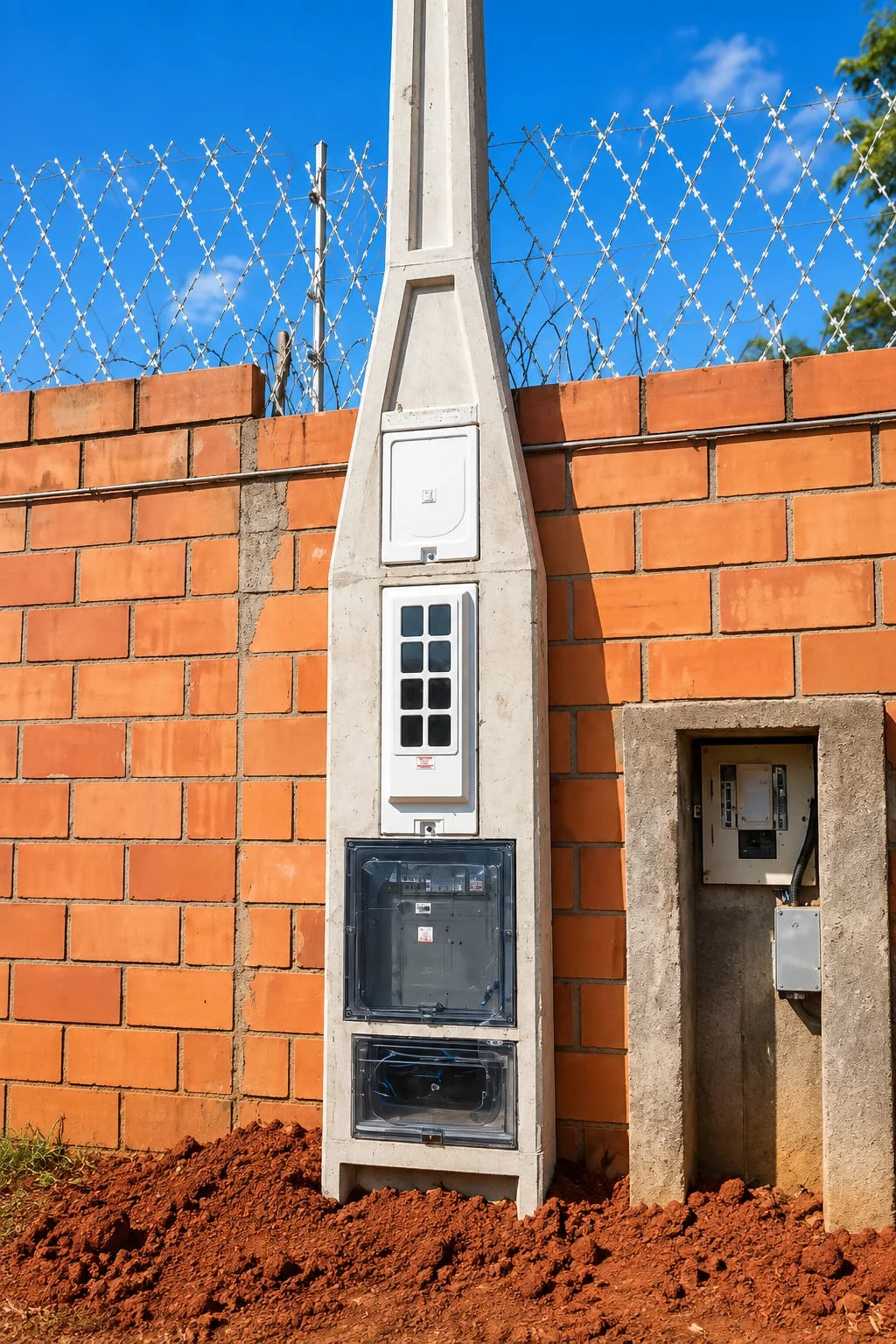Poste do grupo C4 a C6 com quadro branco vertical e caixas inferiores diante de muro de tijolos